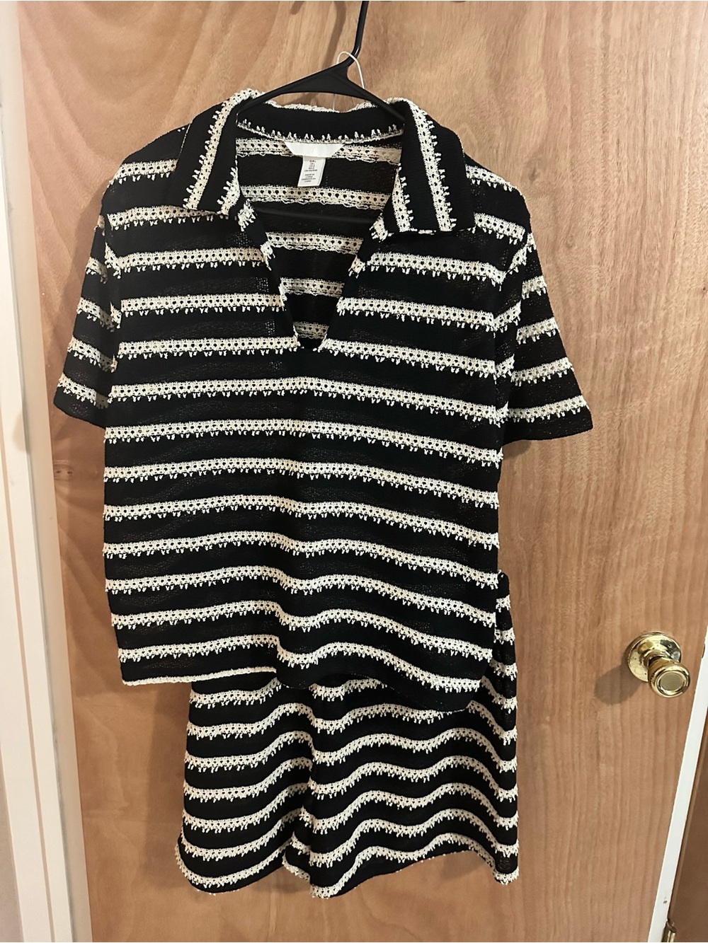Black & White Striped Crochet Knit Polo Tee and Shorts